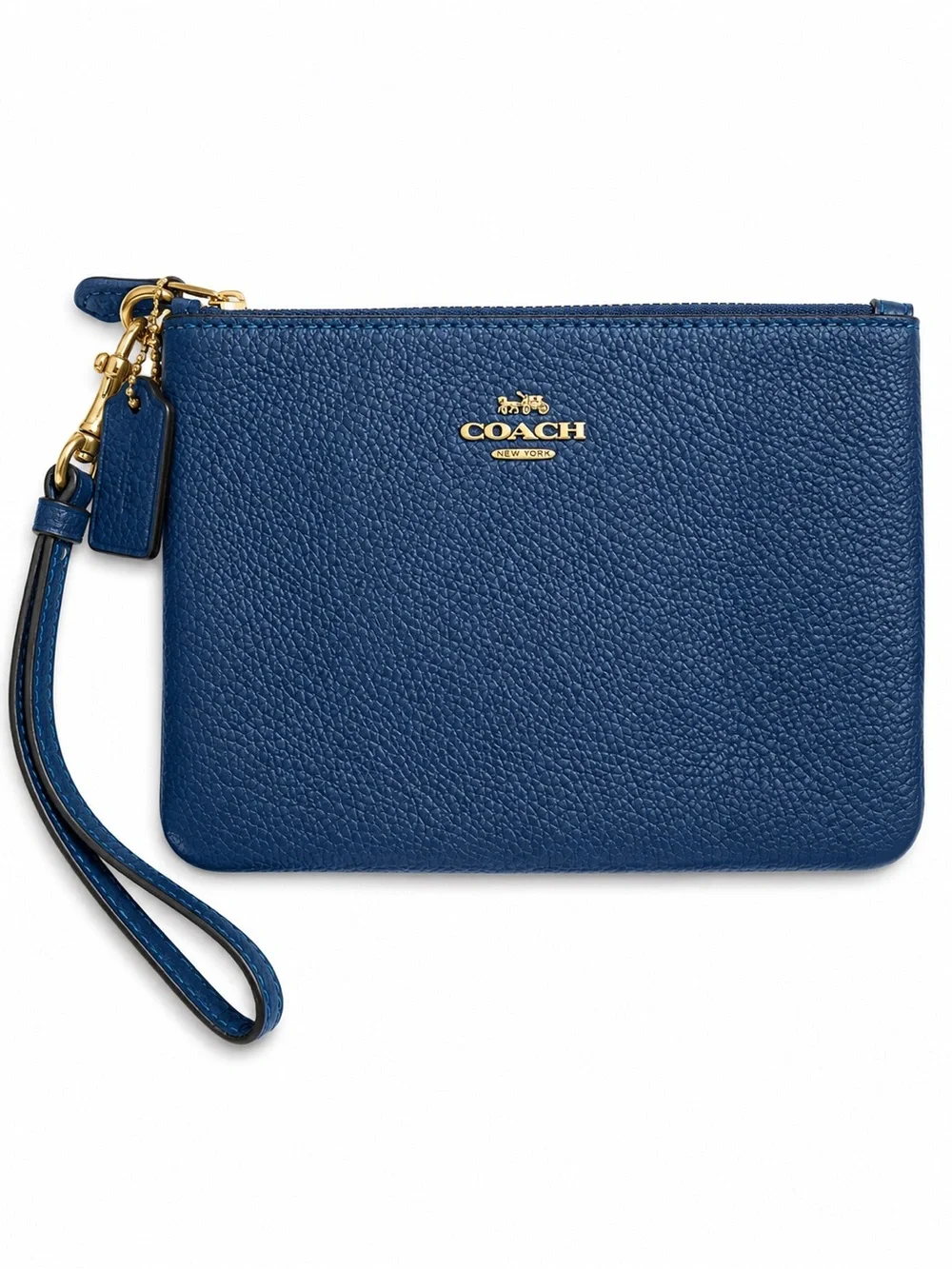 Coach Pebbled Leather Wristlet in Navy with Gold Hardware